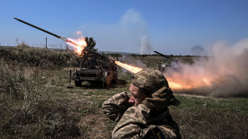 Ukrainian servicemen of the 108th Separate Brigade of Territorial Defence fire small multiple launch rocket systems toward Russian troops near a front line in Zaporizhzhia region, Ukraine August 19, 2023.
