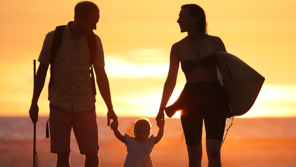 Family on beach in UK