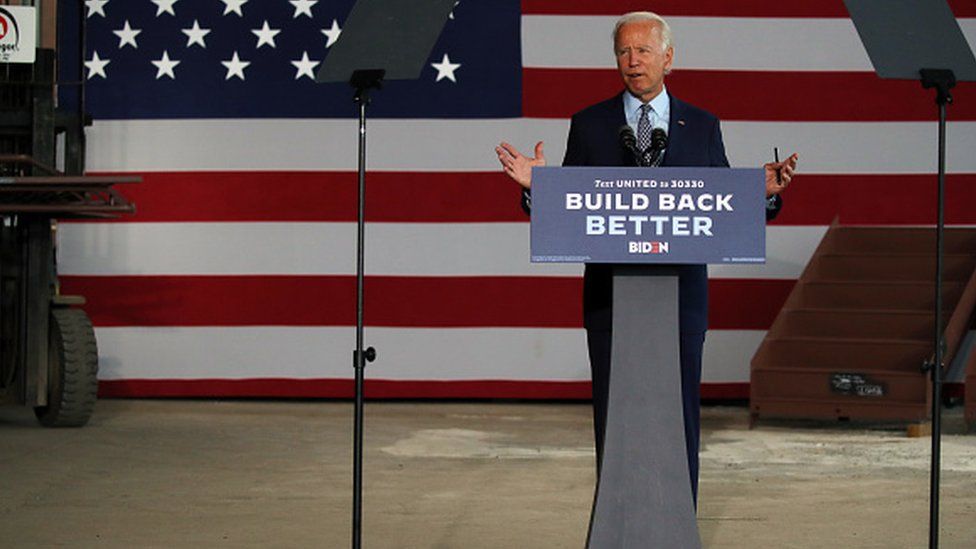 The presumptive Democratic presidential nominee Joe Biden speaks at McGregor Industries in Dunmore, Pennsylvania