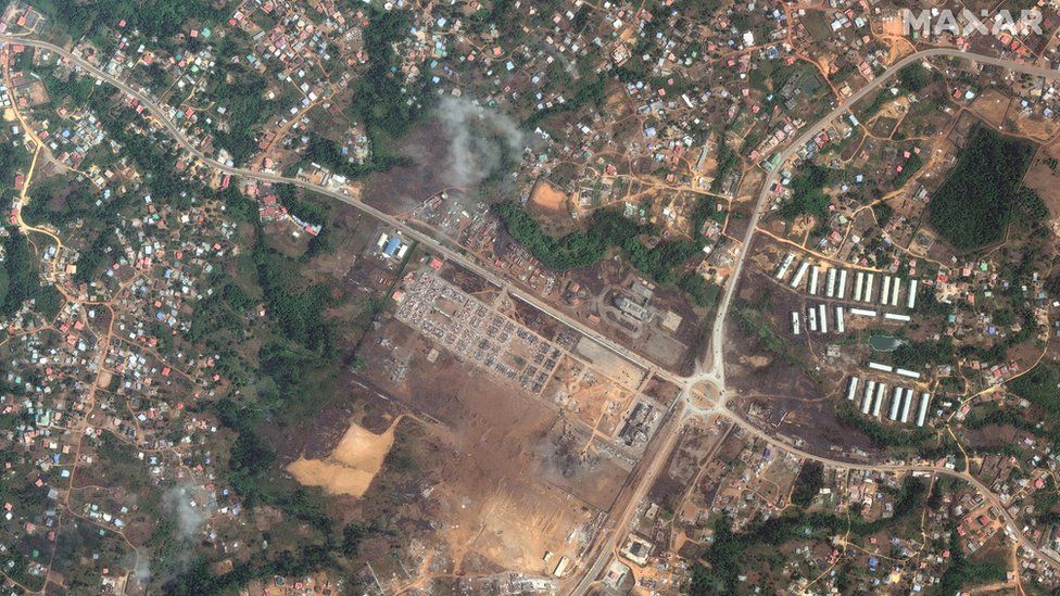 Satellite imagery showing the barracks and surrounding area after the blast