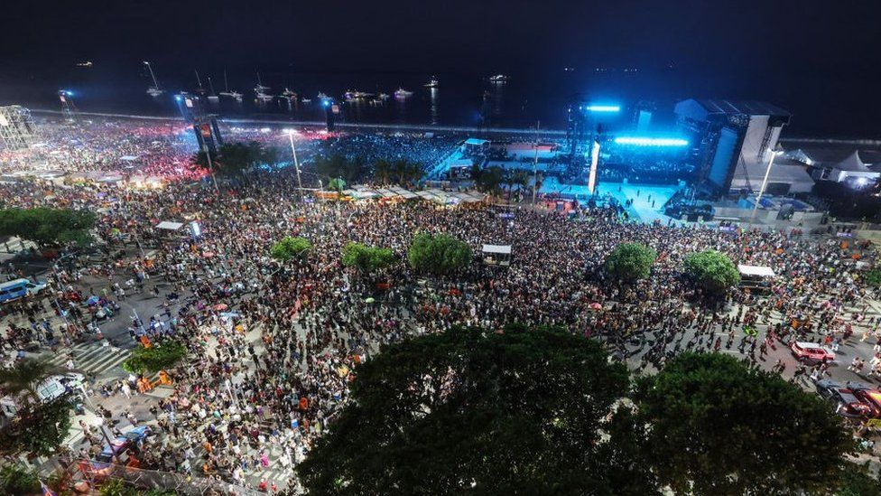 A general view of the crowd ahead of Madonna's performance at Copacabana beach