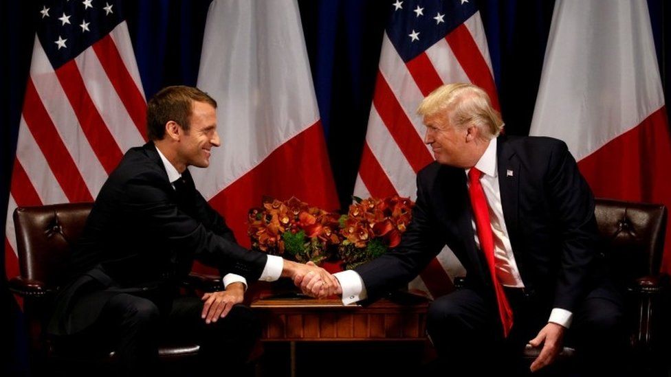 U.S. President Donald Trump meets French President Emmanuel Macron in New York, U.S., 18 September 2017