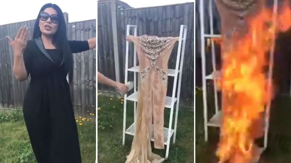 Composite image of Aryana Sayeed burning her dress