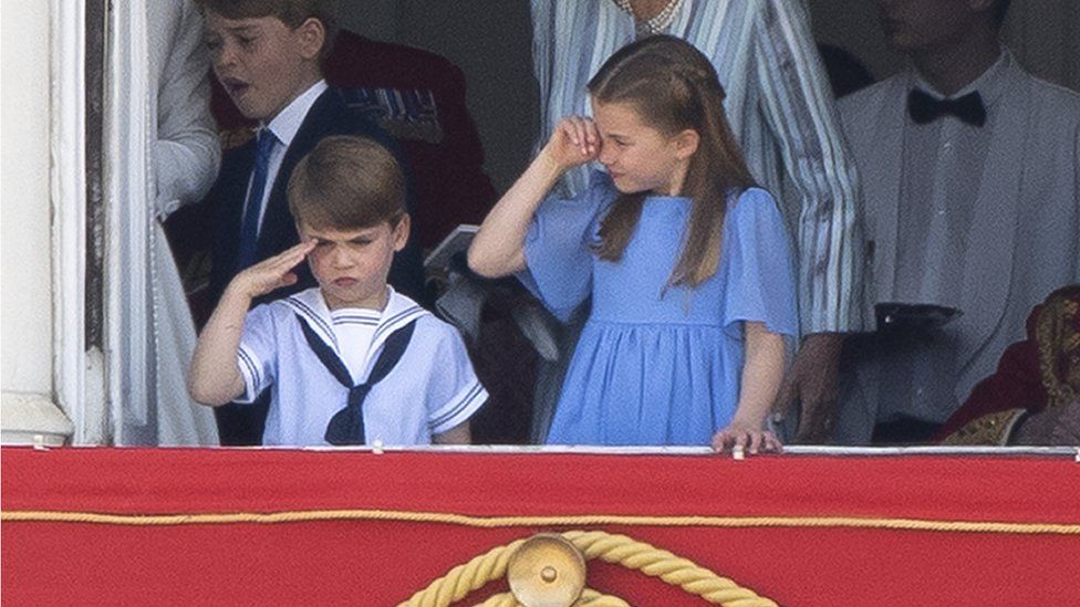 Prince George, Prince Louis and Princess Charlotte on the balcony at Horseguards Parade during the Trooping the Colour