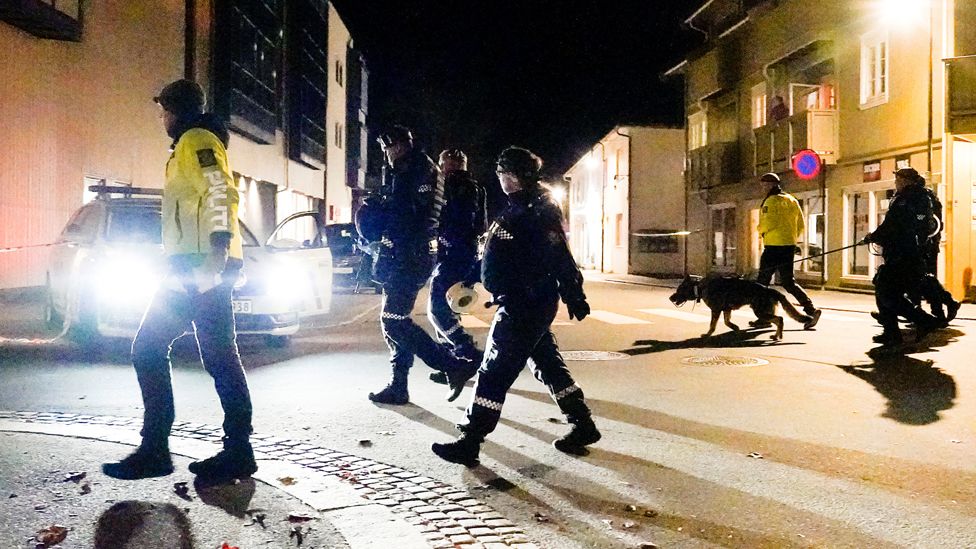 Armed police on the streets of Kongsberg after an attacker opened fire on people with a bow and arrow