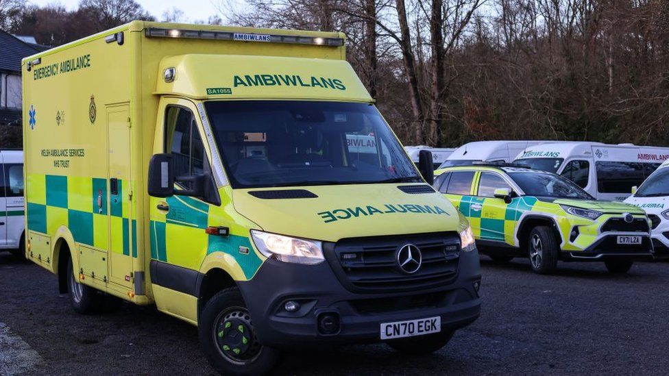 BLACKWOOD - DECEMBER 21: A view of Ambulances on standby ready to react to any emergence required, even though staff are on strike on December 21, 2022 in Blackwood, United Kingdom.