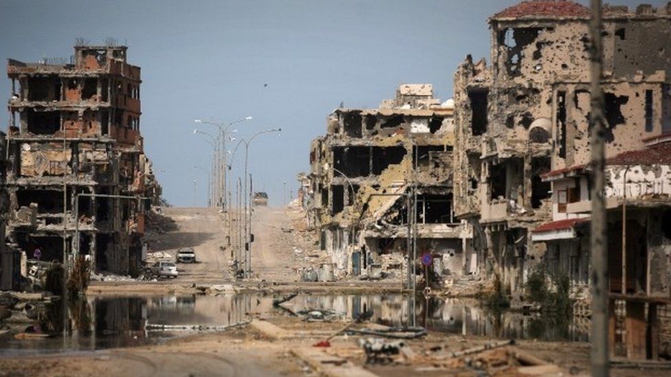 War-damaged street in Sirte