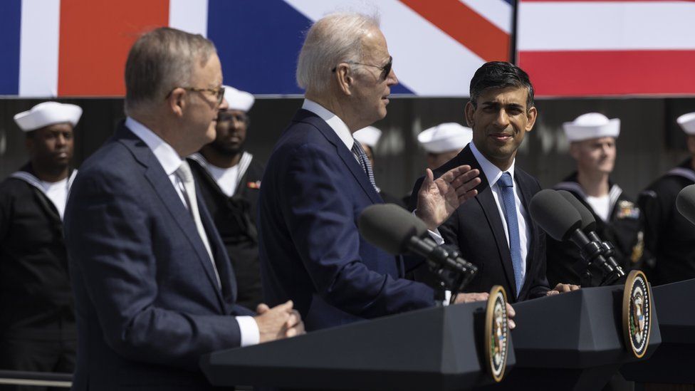 Australian Prime Minister Anthony Albanese, US President Joe Biden and United Kingdom Prime Minister Rishi Sunak hold a press conference at the Naval Base Point Miramar in San Diego, California, USA