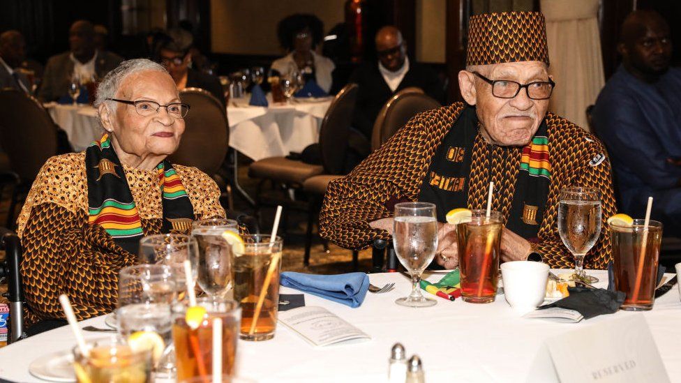 Viola Ford Fletcher and Hughes Van Ellis attend the Oldest Living Tulsa Oklahoma Massacre Survivors Celebrated And Book Cover Revealing at The City Club of Washington on February 28, 2023 in Washington, DC.