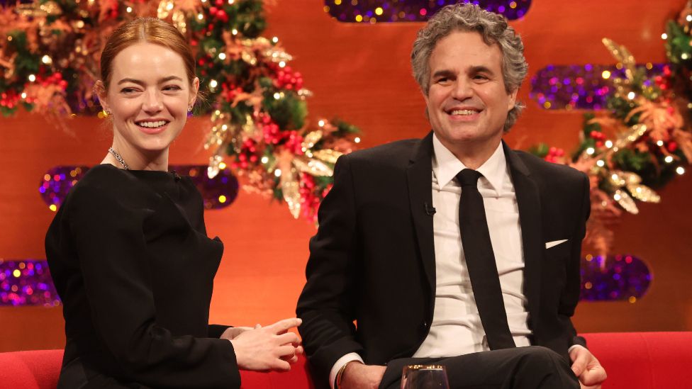 Emma Stone and Mark Ruffalo during the filming for the Graham Norton Show at BBC Studioworks 6 Television Centre, Wood Lane, London, to be aired on BBC One on Sunday evening. Picture date: Wednesday December 13, 2023.