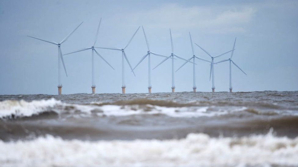 Off-shore wind turbines in the UK.