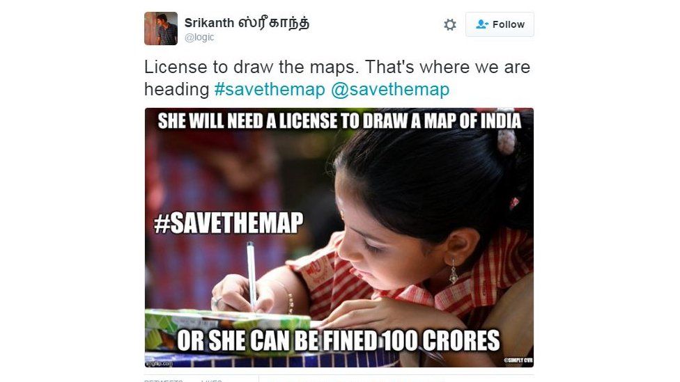 Tweet showing a girl drawing, with the caption "she will need a license to draw a map of India or she can be fined 100 crores"