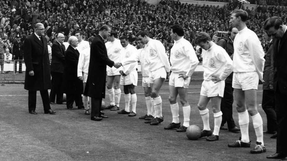 1st May 1965: Prince Philip Duke of Edinburgh meeting the Leeds players before an FA Cup final against Liverpool at Wembley Stadium. Liverpool won 2-1