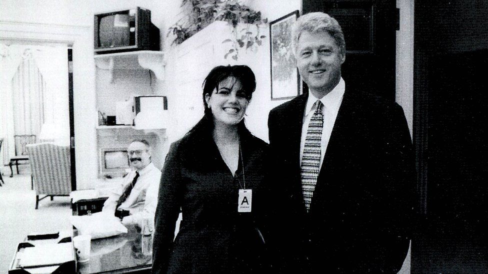 Monica Lewinsky and Bill Clinton in a black and white photograph at White House (undated)