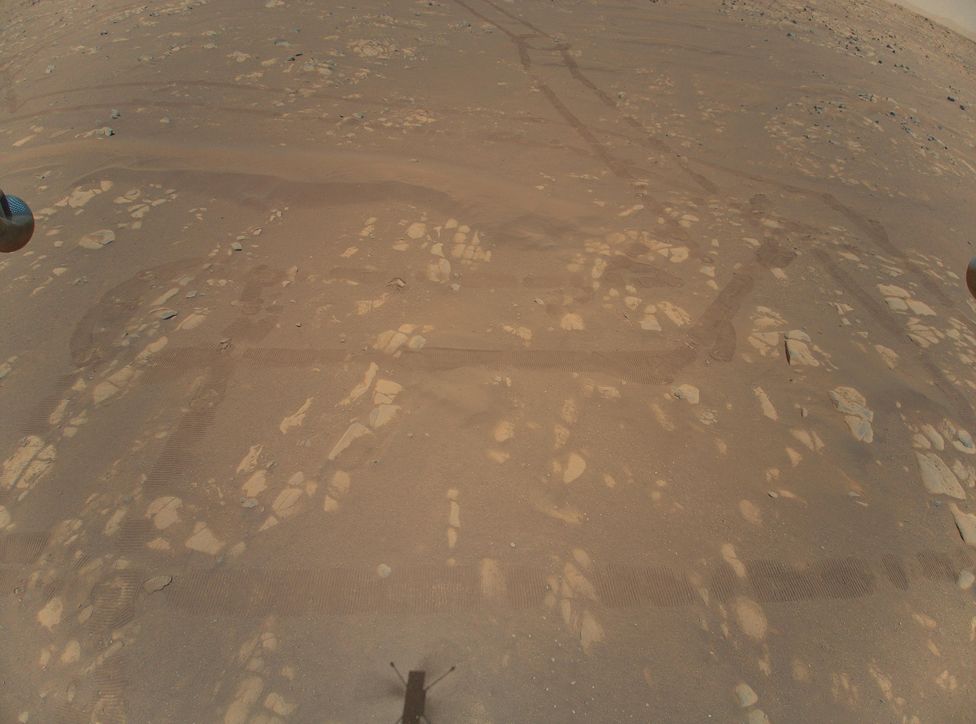 An aerial image captured by Nasa's Ingenuity Mars helicopter during its second successful flight test on 22 April 2021