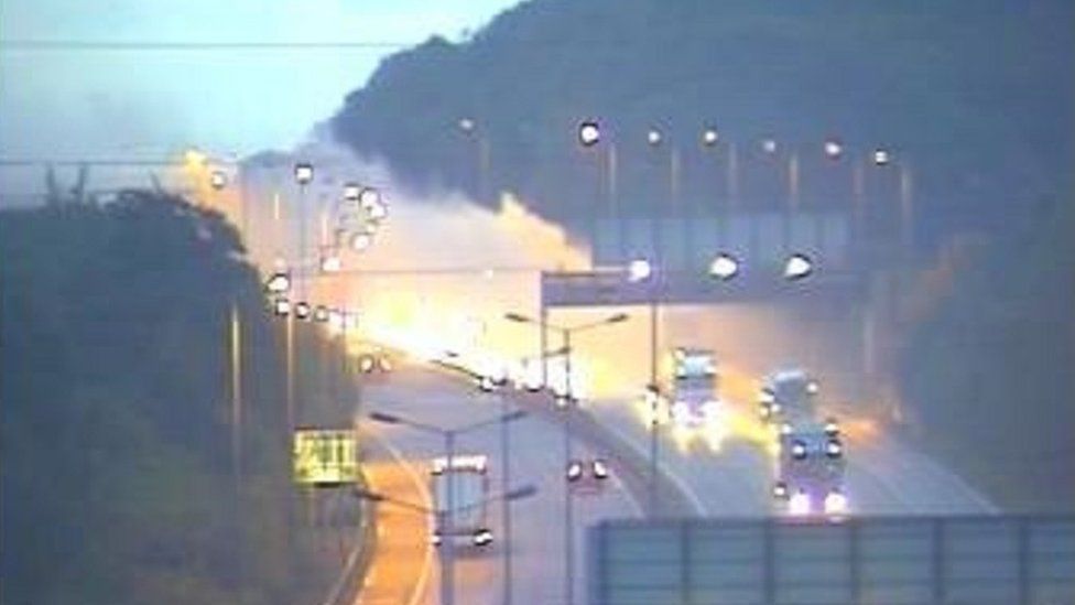 A lorry was engulfed in flames near Bluewater