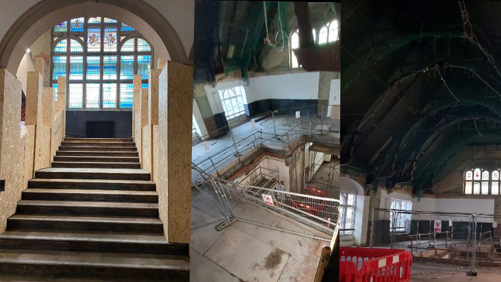 Three images next to each other - grand staircase with chipboard protecting the walls, view from the roof inside looking down on down on two levels and a shop looking upwards at the roof trusses