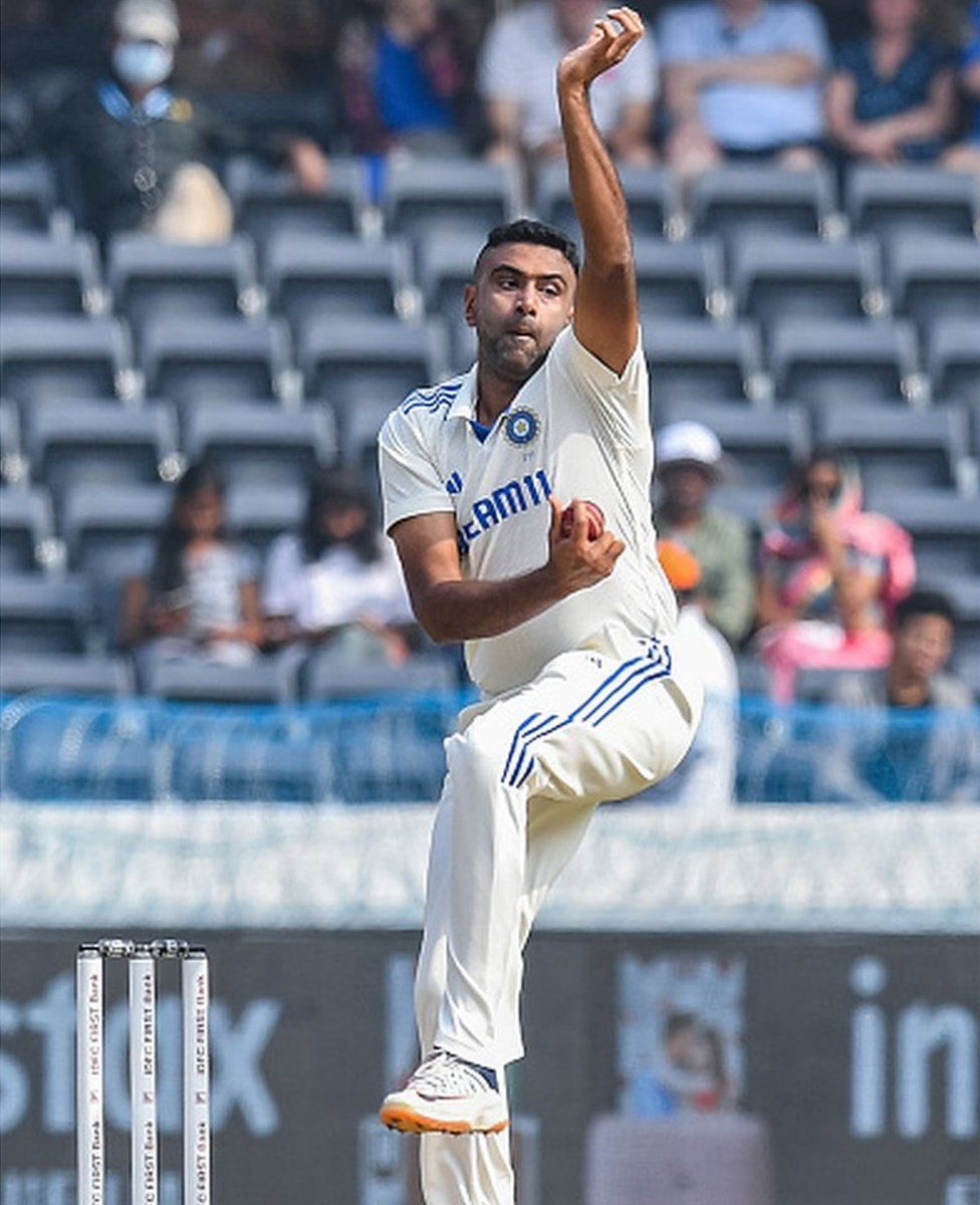 Ravichandran Ashwin bowls during the first day of the first Test cricket match between India and England at the Rajiv Gandhi International Stadium in Hyderabad on January 25, 2024. (