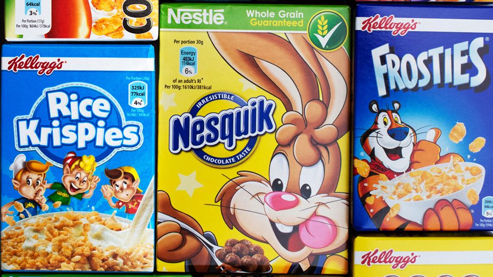 Breakfast cereal boxes with cartoon characters
