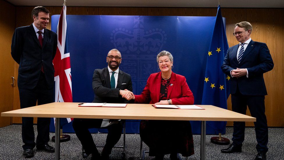 Director general of Border Force, Phil Douglas, Home Secretary James Cleverly, European Commissioner for Home Affairs Ylva Johansson and executive director of Frontex, Hans Leijtens, at the Home Office, in London, for the document signing of an announcement of a new agreement between UK border agencies and the EU's border agency Frontex