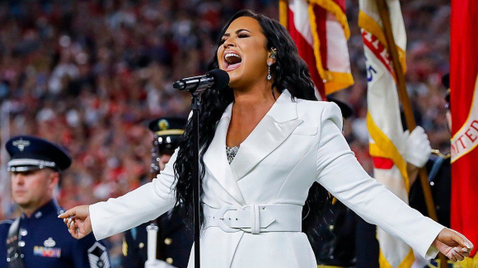 Demi Lovato performs the national anthem before the 2020 Super Bowl