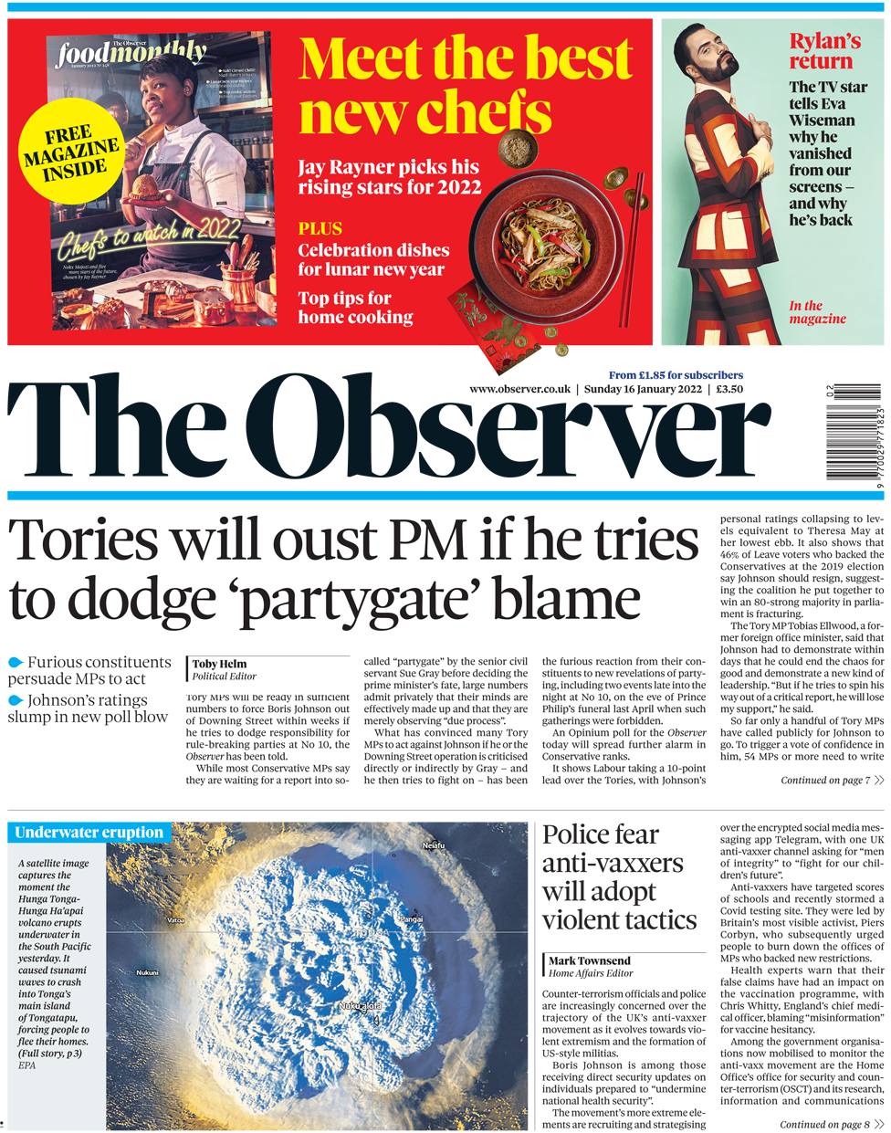 Первая страница The Observer 16 января 2022 г.