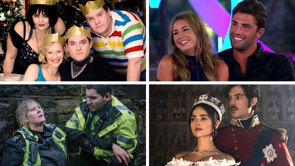 Clockwise from top left: Gavin & Stacey, Love Island, Victoria and Happy Valley