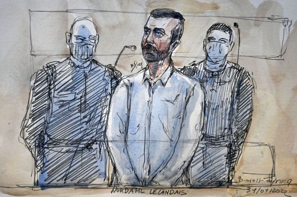 This court sketch made on 31 January 2022, at the Grenoble courthouse, eastern France, shows Nordahl Lelandais