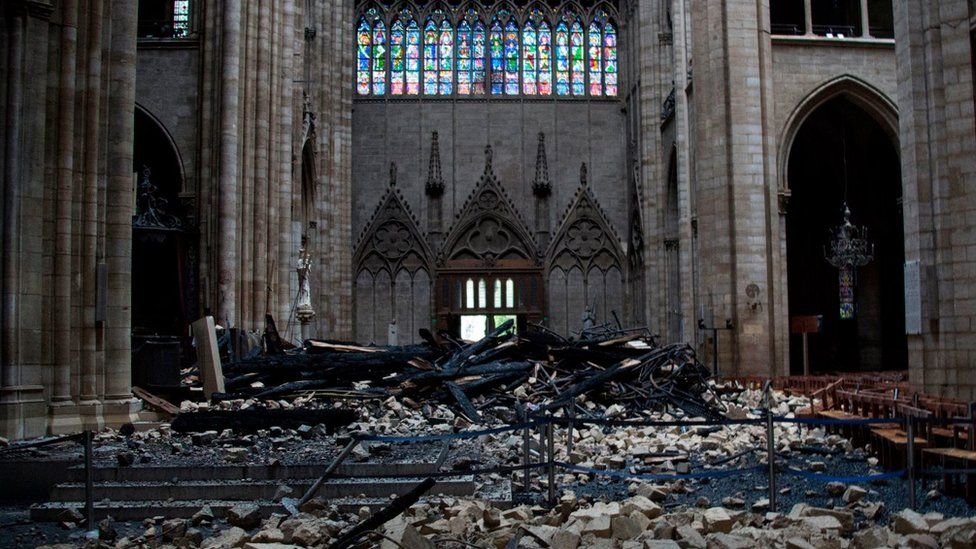 Debris inside the Notre-Dame-de Paris Cathedral in Paris on April 16, 2019