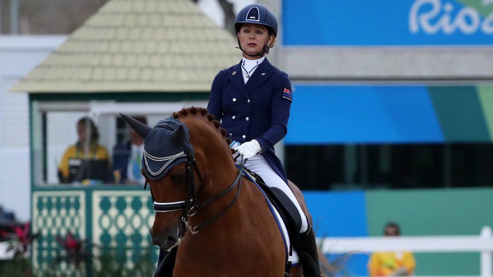 Julie Brougham of New Zealand and her horse compete at Rio