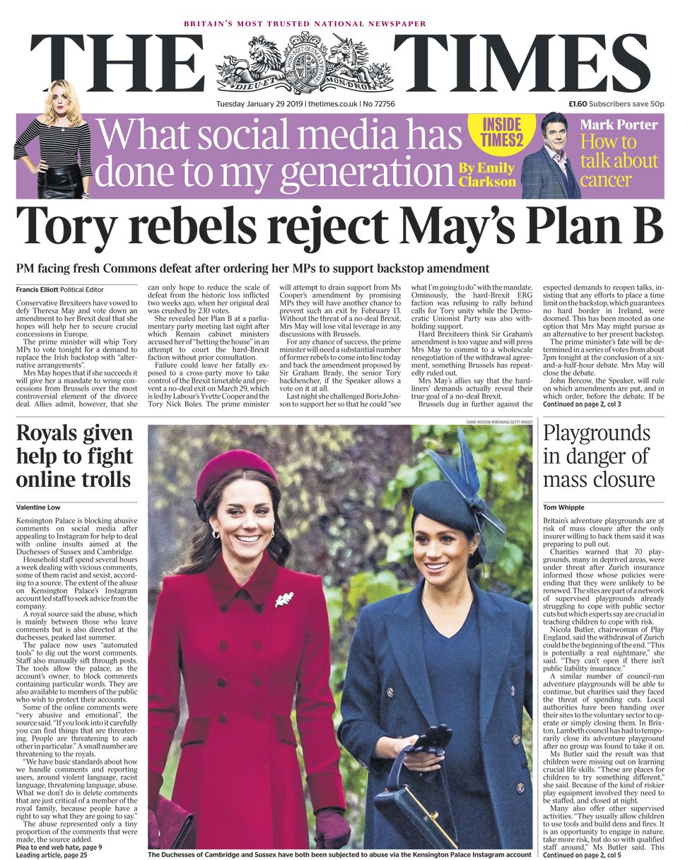 Times front page - 29/01/19