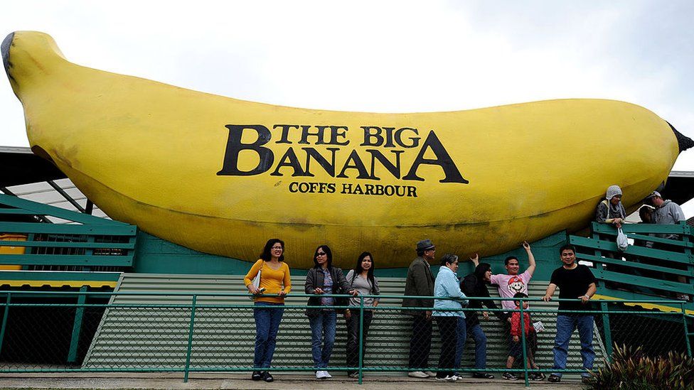 Tourist stand beneath The Big Banana in Coffs Harbour, New South Wales