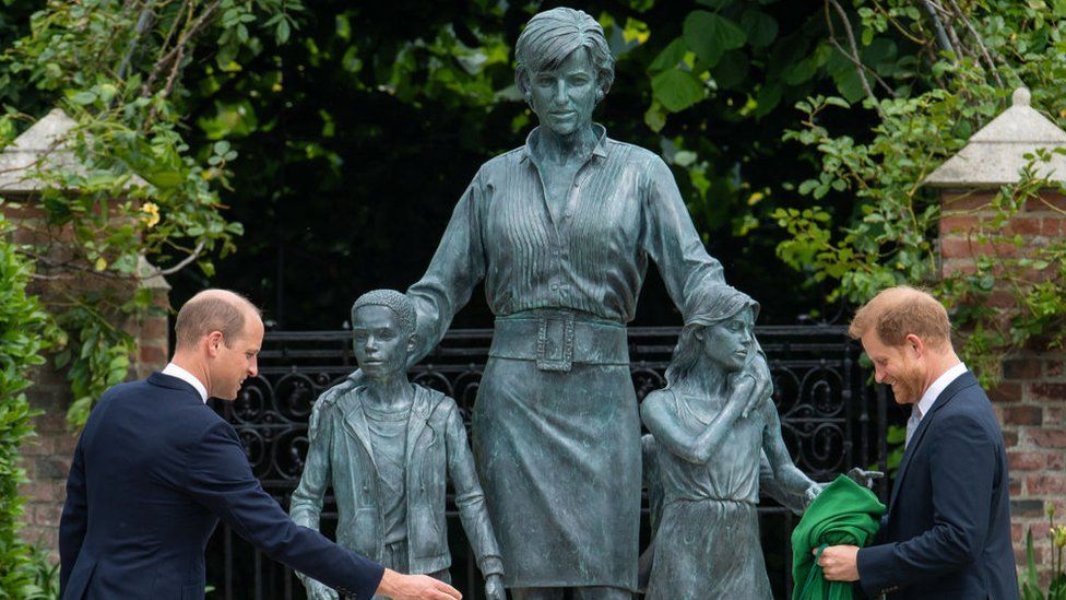 Prince Harry and Prince William unveiling a statue of Princess Diana at Kensington Palace