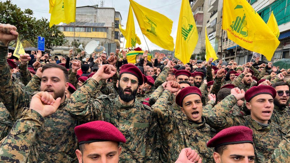 Hezbollah militants and supporters attend the funeral of a commander killed in an Israeli strike in Lebanon's southern city of Nabatiyeh on February 16, 2024.