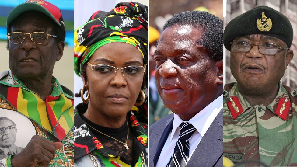 Left to right: President Robert Mugabe, his wife Grace Mugabe, recently sacked vice-president Emmerson Mnangagwa and armed forces chief Gen Constantino Chiwenga