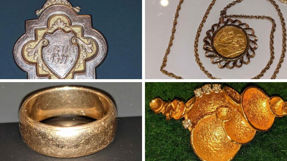 four pictures of stolen items including a ring, a diamond brooch, a medal and a necklace