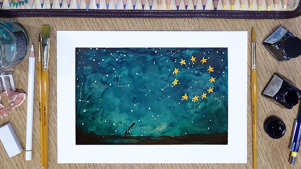 Artwork showing telescope looking at the EU stars up high surrounded by constellations. The desk is littered with art supplies including pencils, paint, drawing