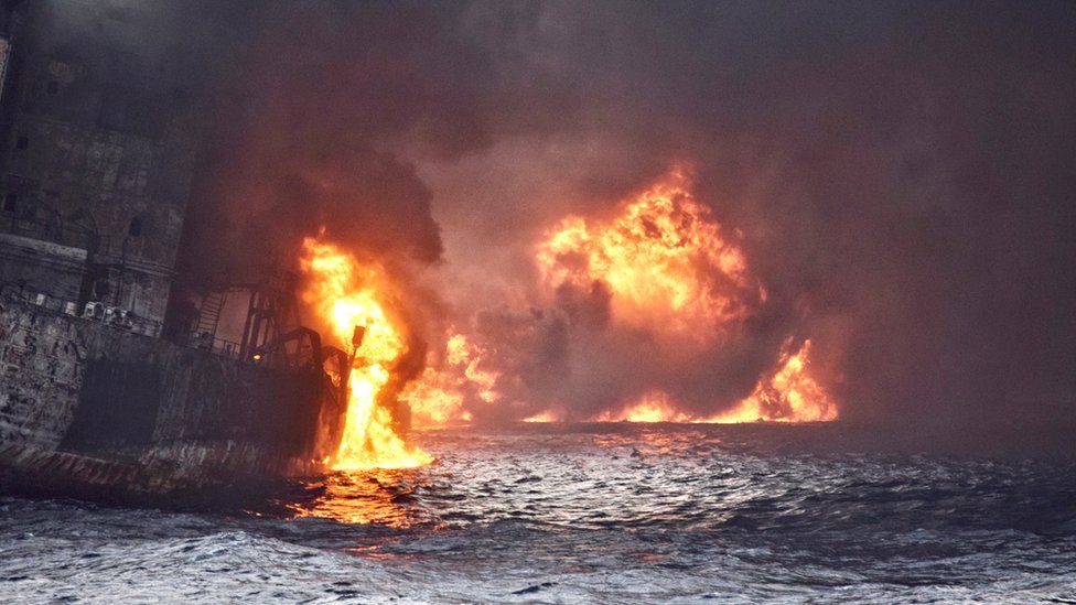 Iranian oil tanker Sanchi is seen engulfed in fire in the East China Sea, in this January 13, 2018 picture provided by Shanghai Maritime Search and Rescue Centre