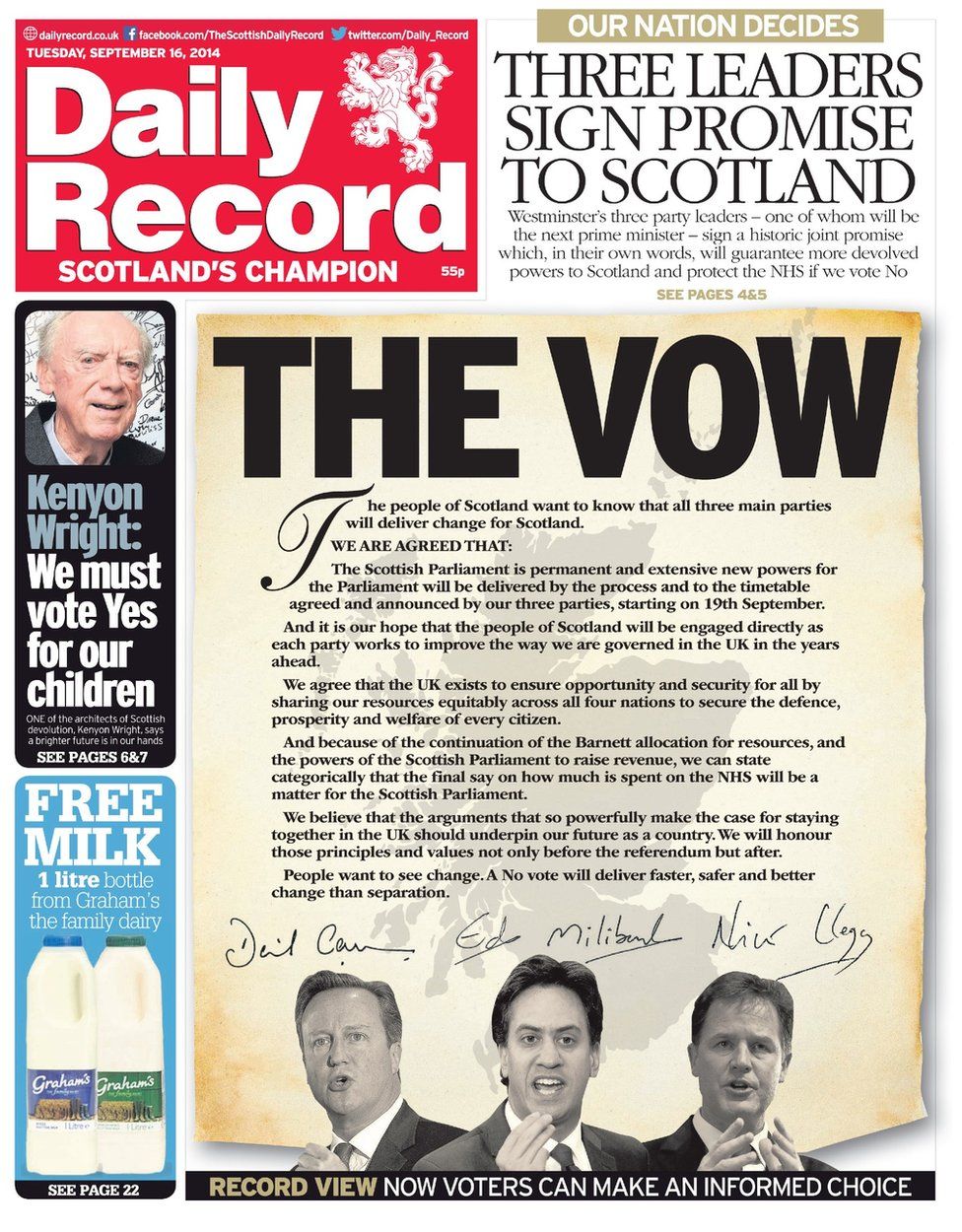 The Vow front page of the Daily Record