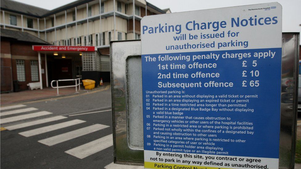 Sign at Oldham Royal Hospital to illustrate hospital car parking charges