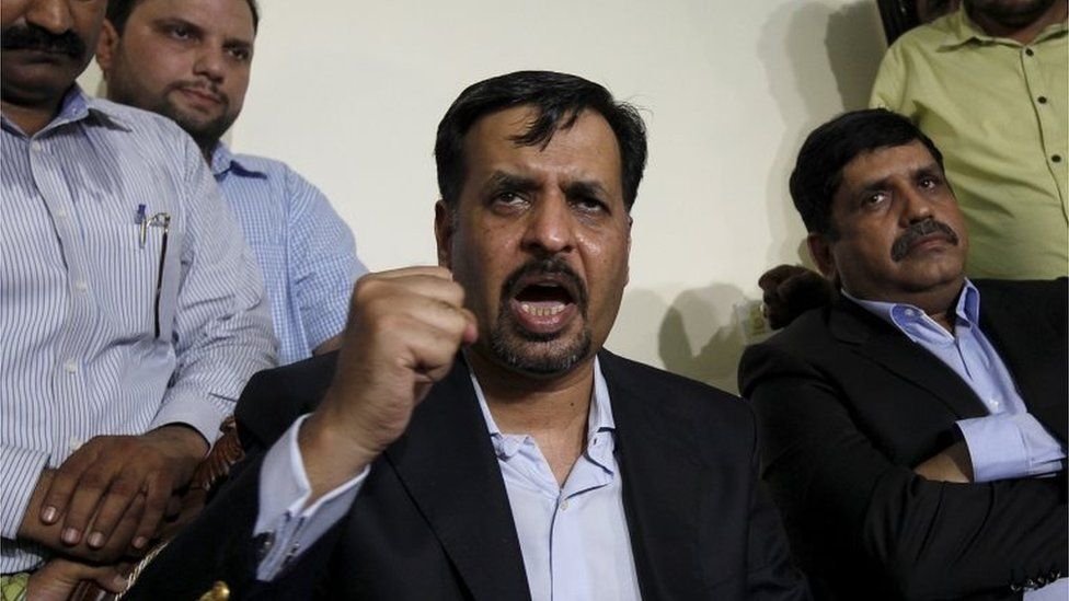 Syed Mustafa Kamal, former mayor of Karachi, gestures during a news conference in Karachi, Pakistan, March 3, 2016.