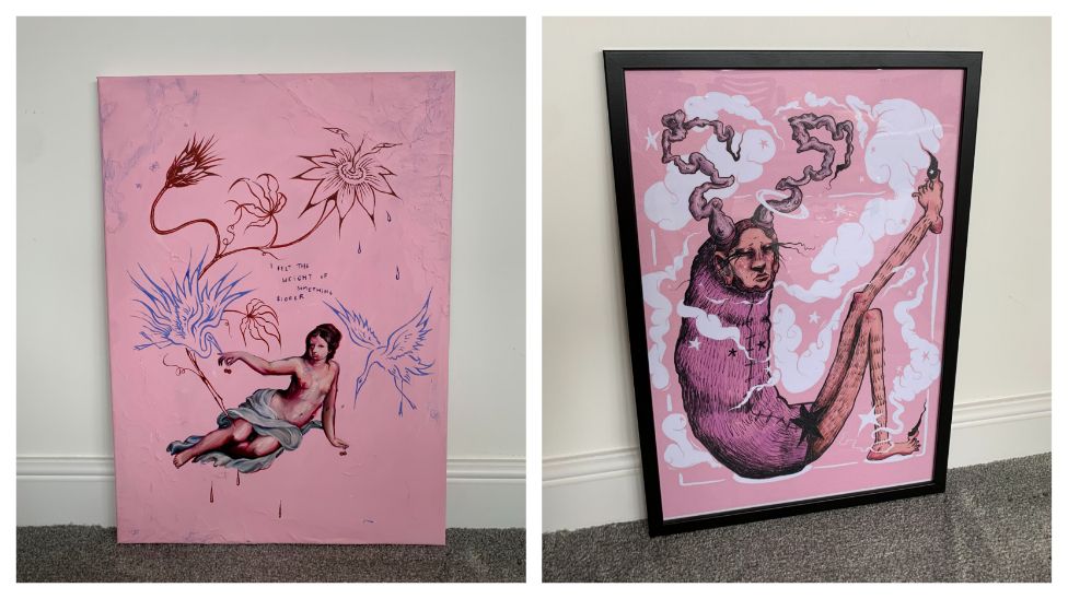 Two pieces of pink artwork