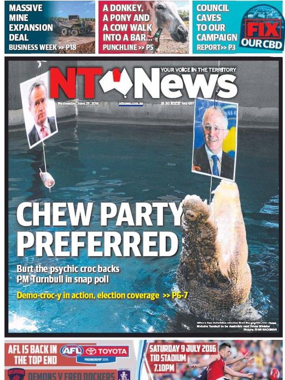 The front page of the NT News, the colourful Australian tabloid, ahead of the 2016 election