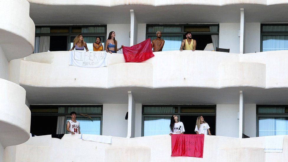 Students visiting from the mainland to celebrate the end of term are isolated in a hotel in Palma de Mallorca after testing positive for coronavirus, Spain, 28 June 2021