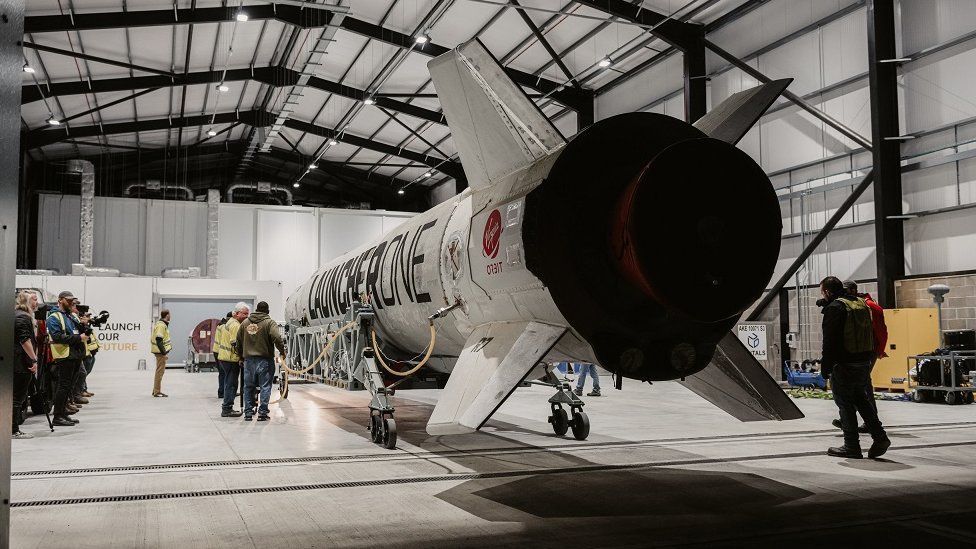 A rear view of Virgin Orbit's LauncherOne rocket at Spaceport Cornwall, at Cornwall Airport in Newquay