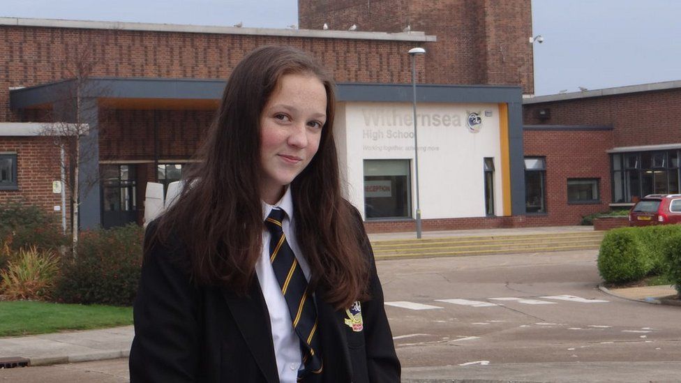 Chloe outside Withernsea High School