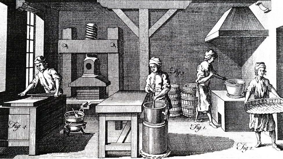 A woodcut engraving depicting the process of making chocolate: 1. Roasting cocoa beans 2. Winnowing/ sifting roasted beans 3. Pounding beans 4. Grinding chocolate on stone with an iron roller Dated 18th century. (Photo by: Universal History Archive/Universal Images Group via Getty Images)