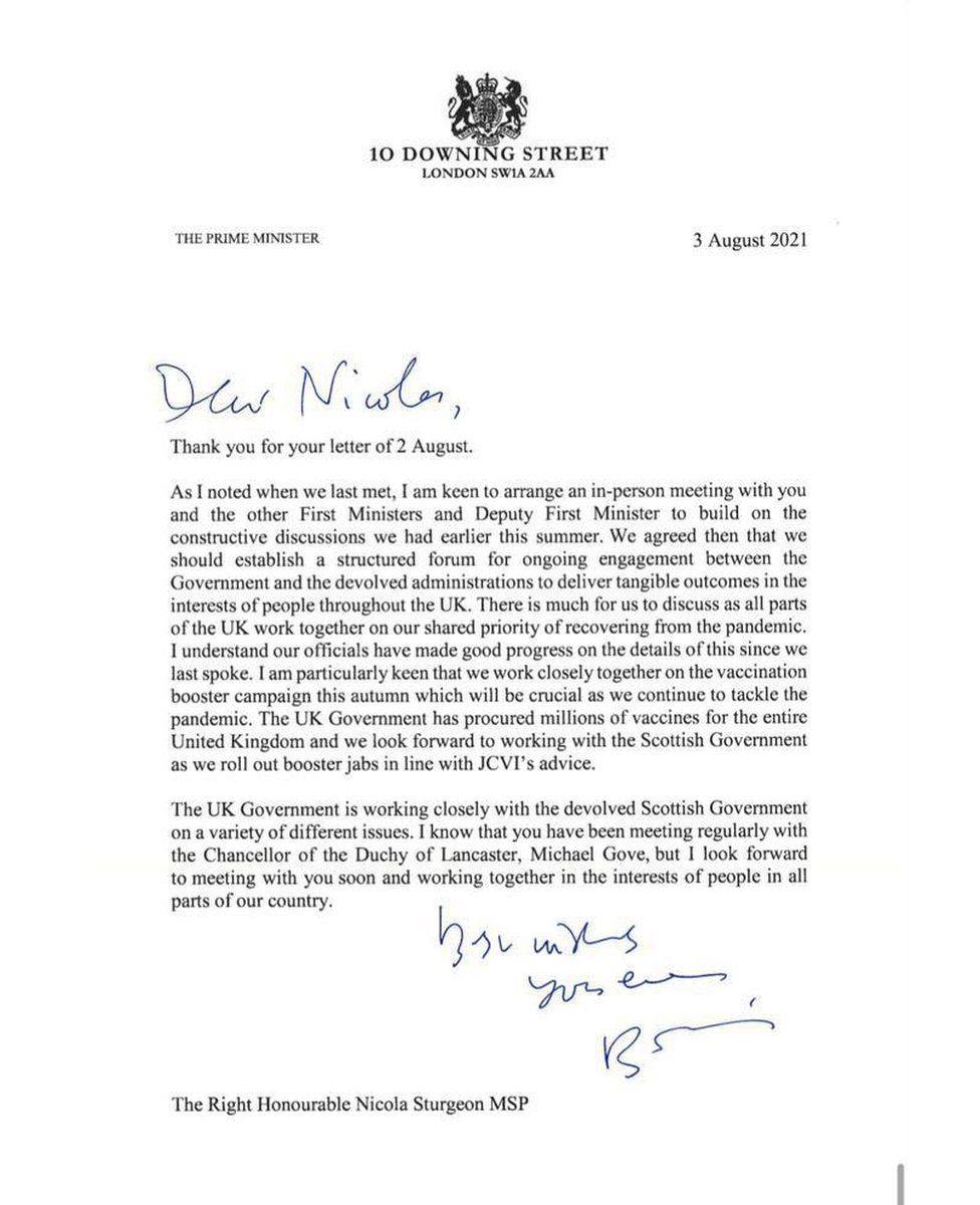 The letter from Boris Johnson to Sturgeon