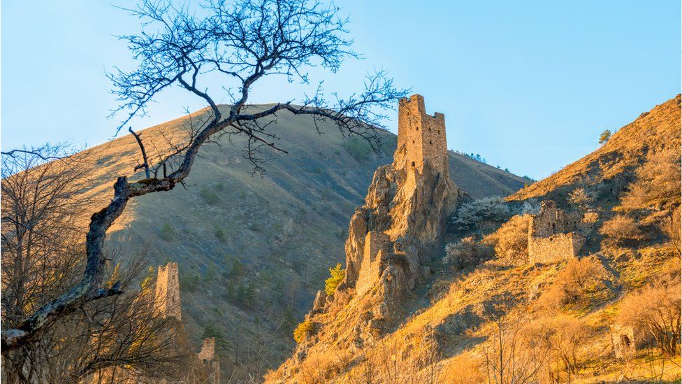 The ancient tower complex of Vovnushki, in the Caucasus mountains, part of the Great Silk Road, Republic of Ingushetia