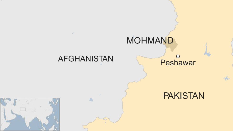 A map showing Mohmand and Peshawar in Pakistan